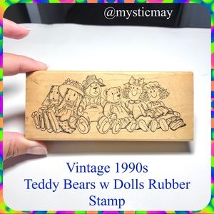 Vintage 1990s ART IMPRESSIONS Teddy Bear w Bunny & Dolls Toys Wood Mounted Stamp